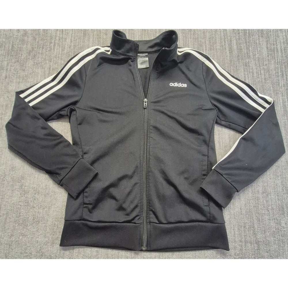 Adidas women's black fully zipped track jacket M white details pockets athletic